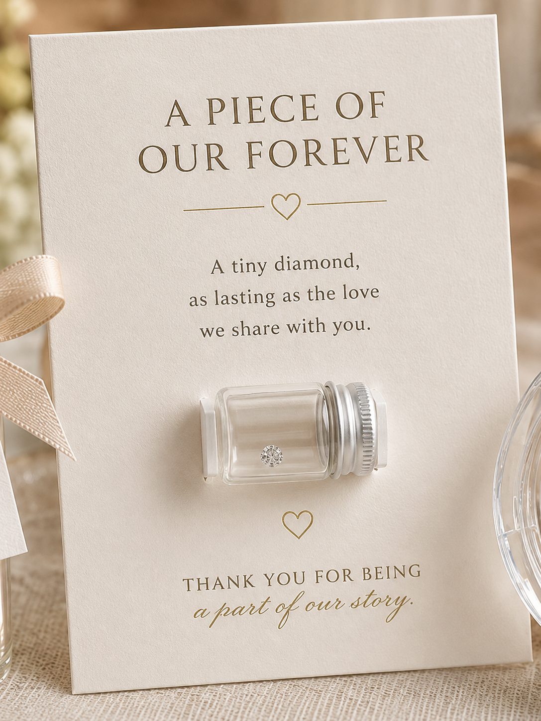 A wedding favour card holding a tiny glass vial with a diamond